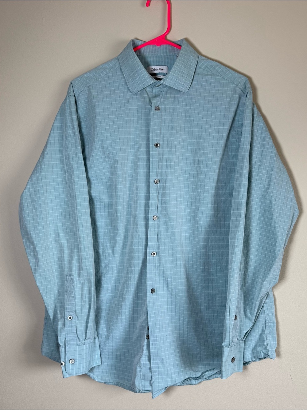 Calvin Klein Men's Light Blue Windowpane Dress Shirt Button Down Checkered
